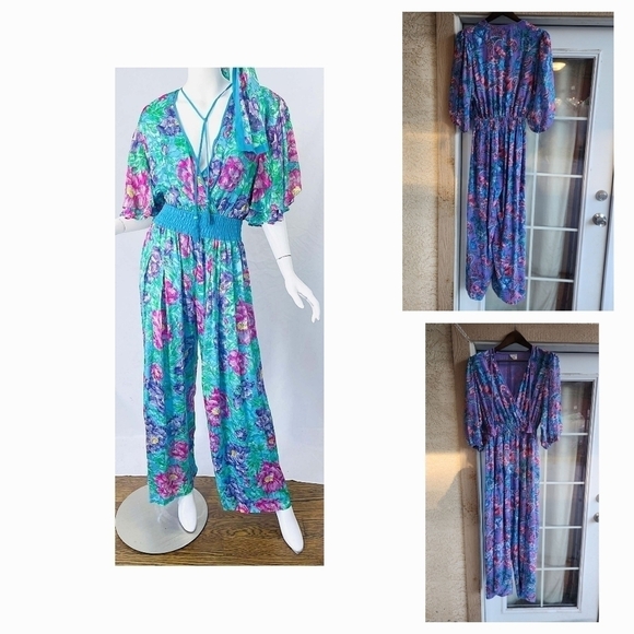 Diane Freis Pants - 1980s Diane Freis Silk Flower Print Tassle Vintage Jumpsuit + Sash